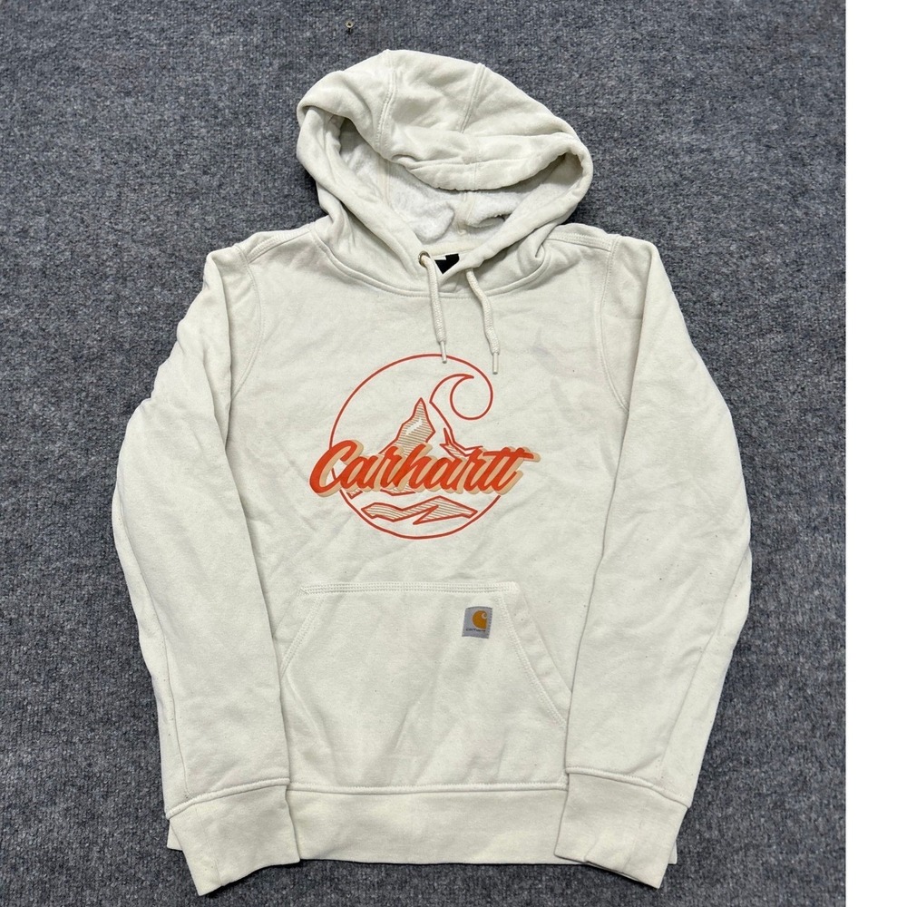 Carhartt Hoodie Womens Size S Cream White Relaxed Fit Graphic Mountain Workwear